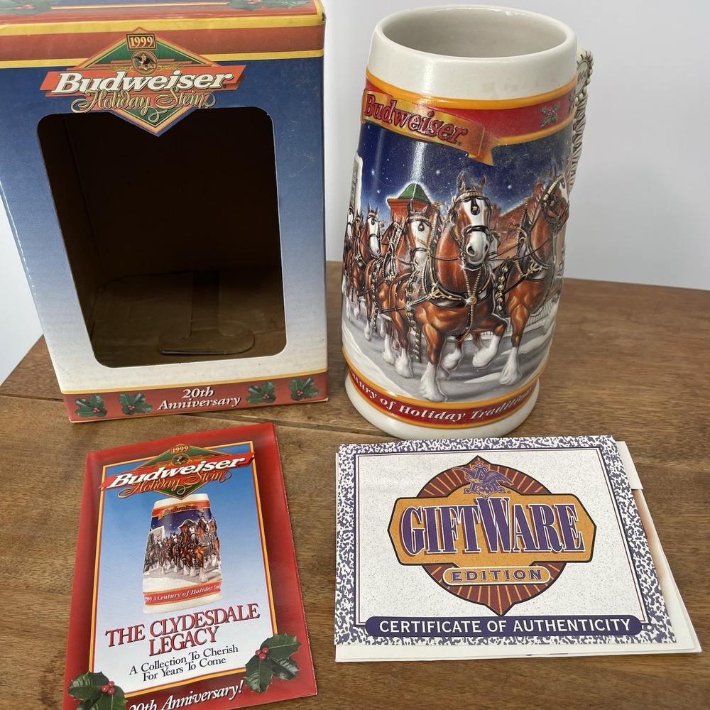 Budweiser 1999 Holiday Stein Mug 20th Anniversary Clydesdales Box And‎ COA